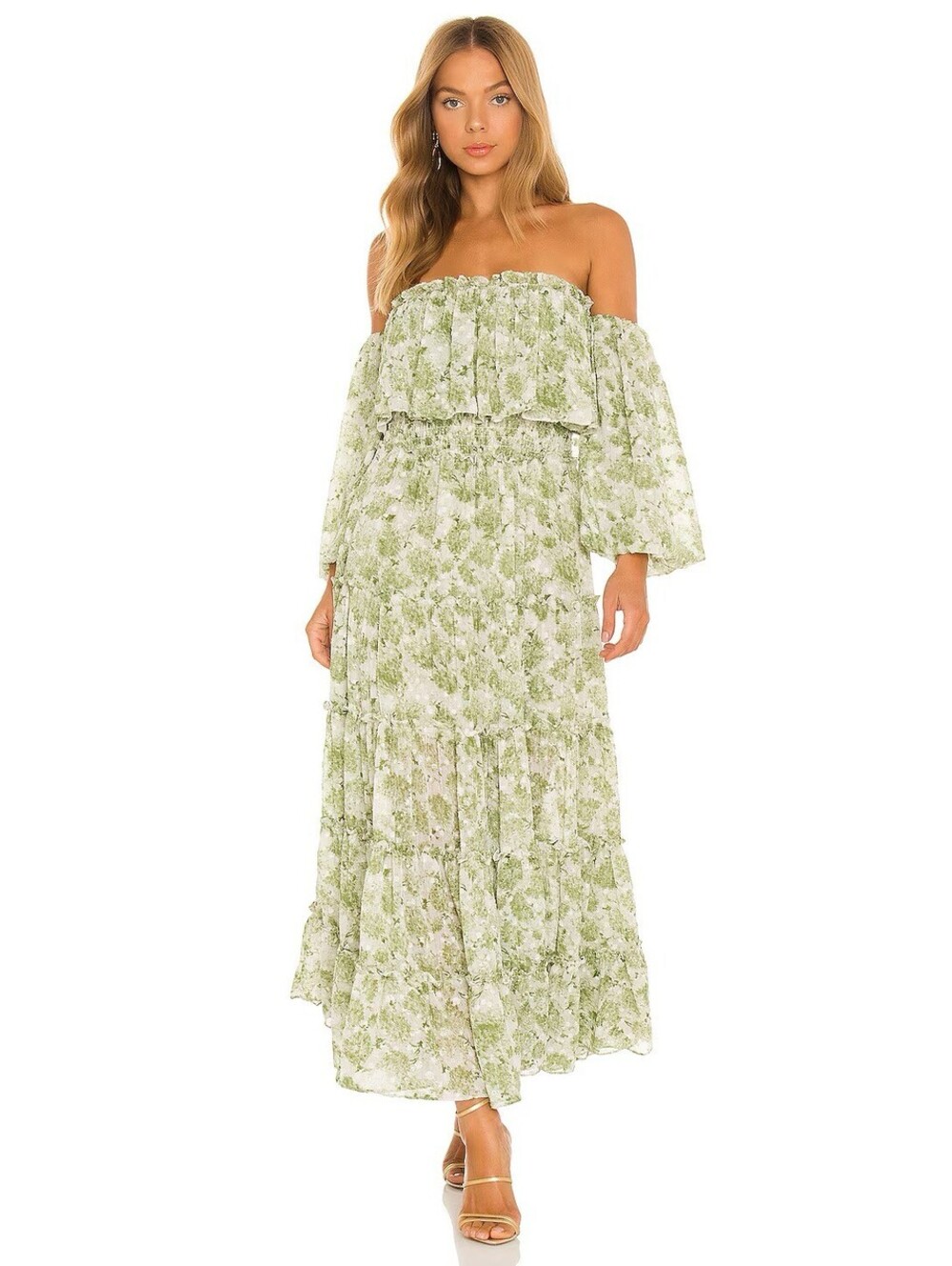 MISA Los Angeles Cassandra Off-The-Shoulder Ruffle Maxi Dress Green Size Small